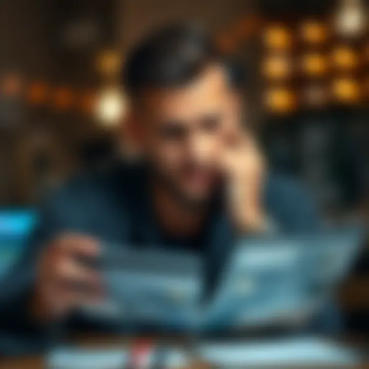 A person examining credit card options with a thoughtful expression