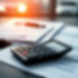 Car financing concept with calculator and documents