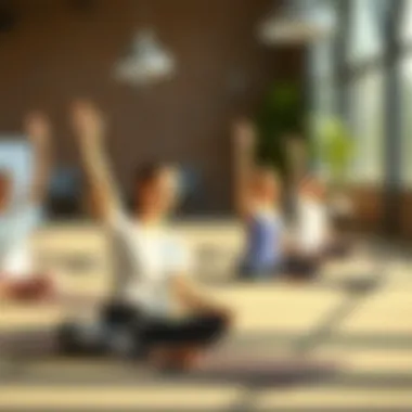 Group Yoga for Workplace Wellness Group yoga session enhancing workplace wellness