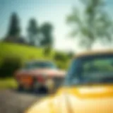 A classic car parked in a scenic environment