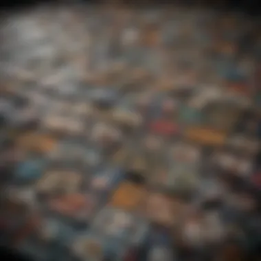 A collection of various types of collectible cards laid out for display