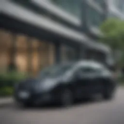 A sleek vehicle parked outside an office building, symbolizing business leasing