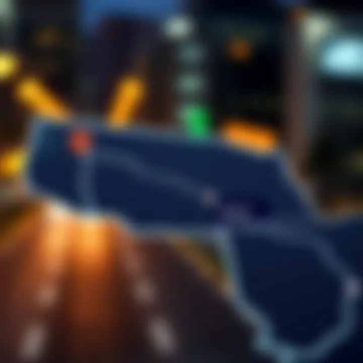 An illustration showing a map with routes between two states