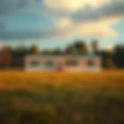 A serene landscape showcasing a manufactured home with a large yard