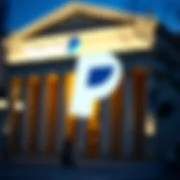 Illustration of the PayPal logo with a bank building in the background