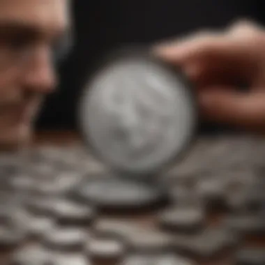 Collector examining silver dollar coins with a magnifying glass